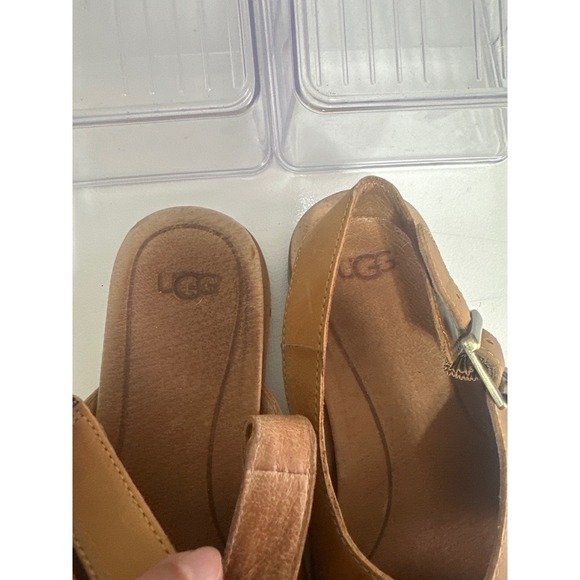 UGG Tan Leather Cross Strap Adjustable Buckle White Sole Sandals - Picture 6 of 10